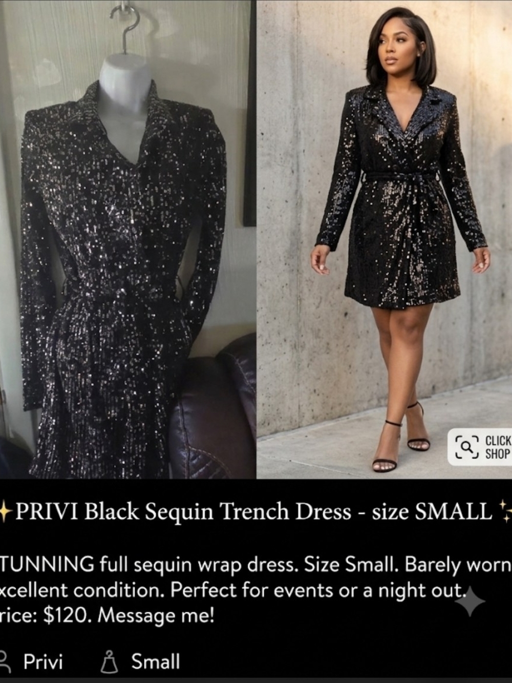 Black Sequin Trench Dress - Black Sequin Wrap Dress